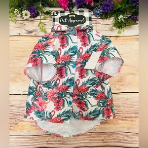 Woof Floral Tropical Flamingo Hawaiian Pet Button Collared Shirt Size L NWT